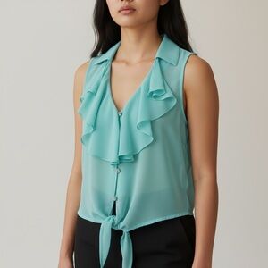 Iris Los Angeles Aqua blue Top Sheer Sleeveless Lace Knot Tie Large